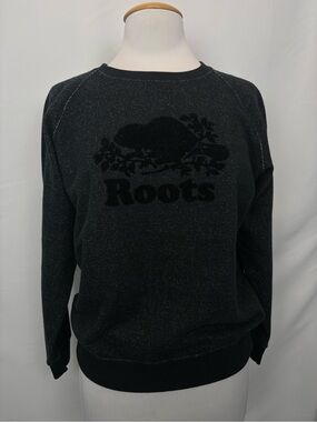 Roots Athletics Black Speckled Velvet Logo Crewneck Sweatshirt Medium